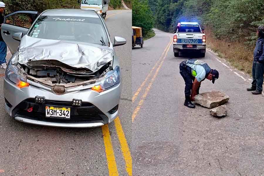 Desprendimiento de rocas daña automóvil en el sector Puerto Inca, en Perené
